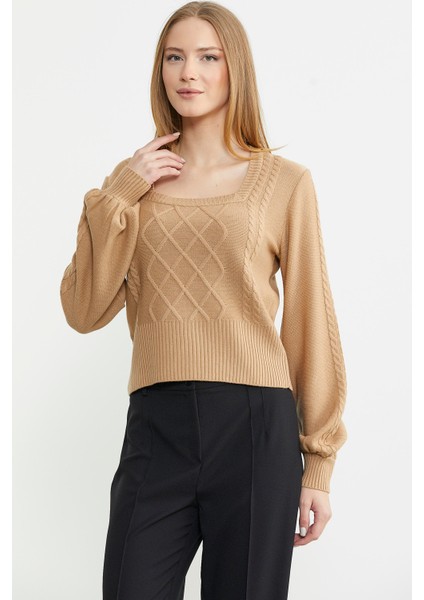 Kare Yaka Geniş Kol Triko Kazak - Kamel fiyatları