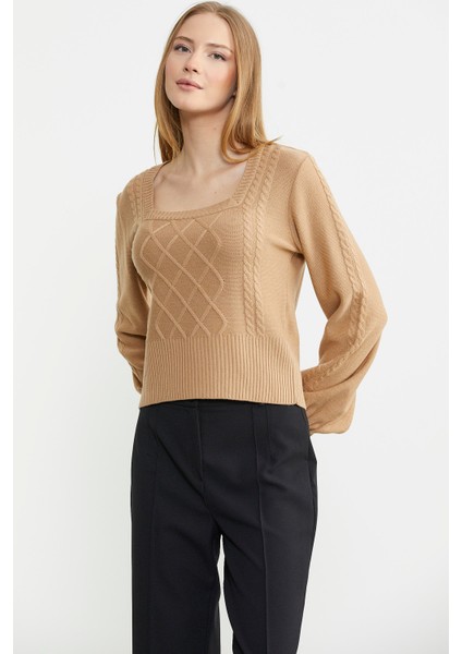 Kare Yaka Geniş Kol Triko Kazak - Kamel modelleri