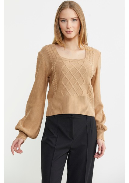 Kare Yaka Geniş Kol Triko Kazak - Kamel fırsatları