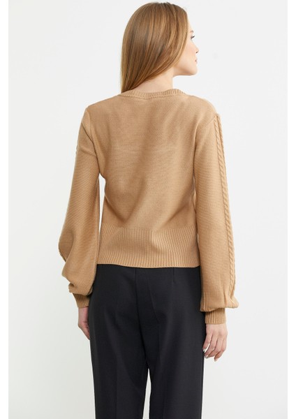 Kare Yaka Geniş Kol Triko Kazak - Kamel indirimleri