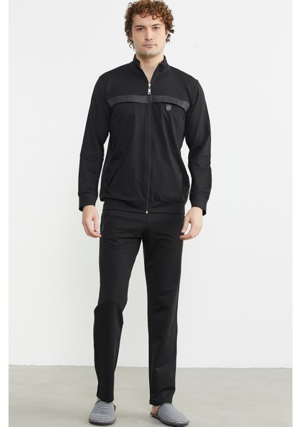 Dik Yaka Fermuarlı Eşofman Takım - Siyah