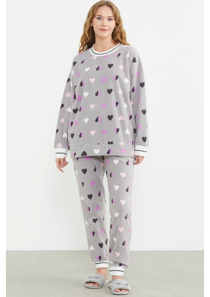 Desenli Oversize Polar Pijama Takım - Gri