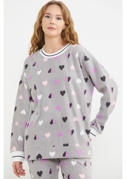 Desenli Oversize Polar Pijama Takım - Gri