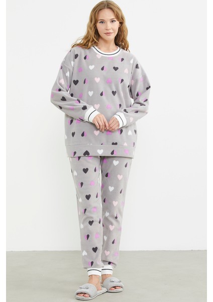 Desenli Oversize Polar Pijama Takım - Gri