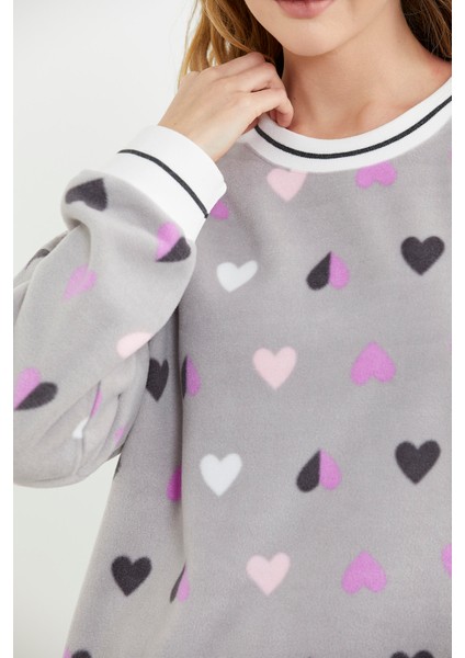 Desenli Oversize Polar Pijama Takım - Gri