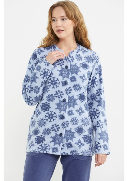 Desenli Önden Düğmeli Polar Pijama Takım - Mavi modelleri