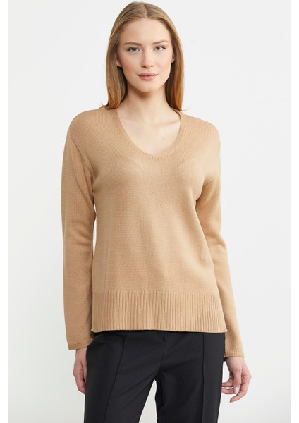 Salaş V Yaka Basic Triko Kazak - Kamel