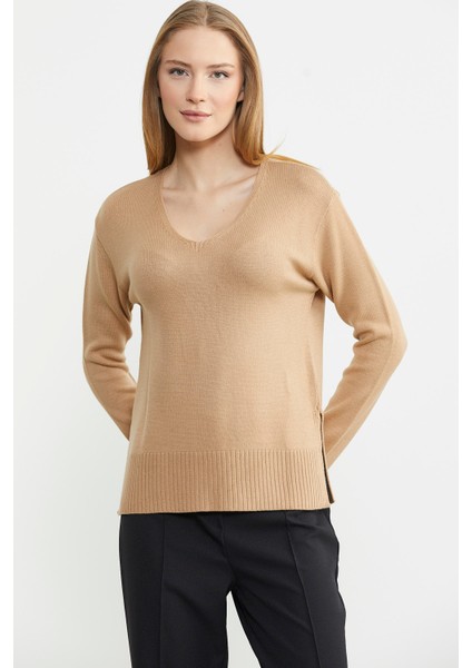 Salaş V Yaka Basic Triko Kazak - Kamel fiyatları