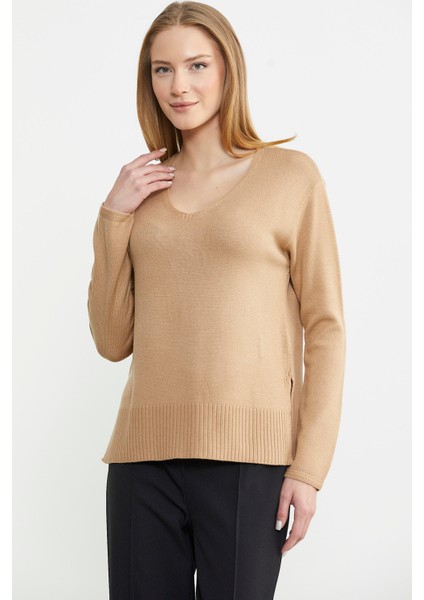 Salaş V Yaka Basic Triko Kazak - Kamel modelleri