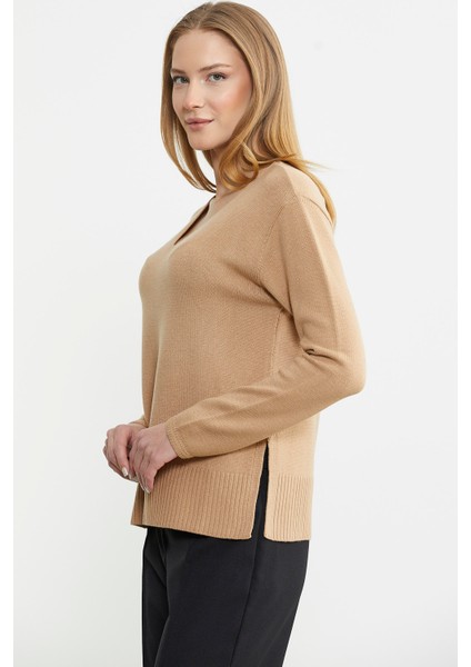 Salaş V Yaka Basic Triko Kazak - Kamel fırsatları