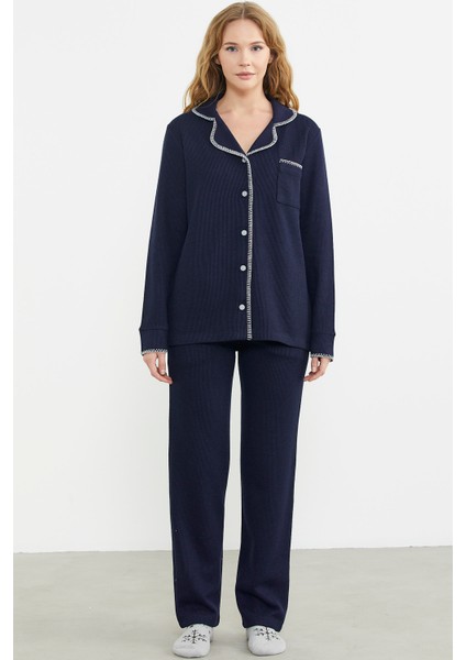 Düğmeli Gömlek Model Pijama Takım - Lacivert