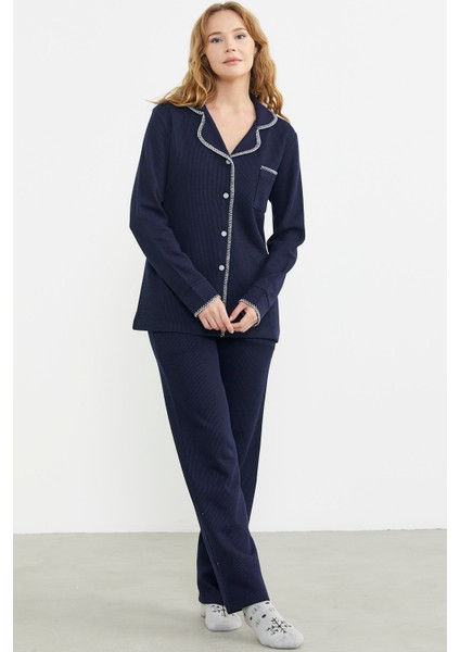Düğmeli Gömlek Model Pijama Takım - Lacivert modelleri