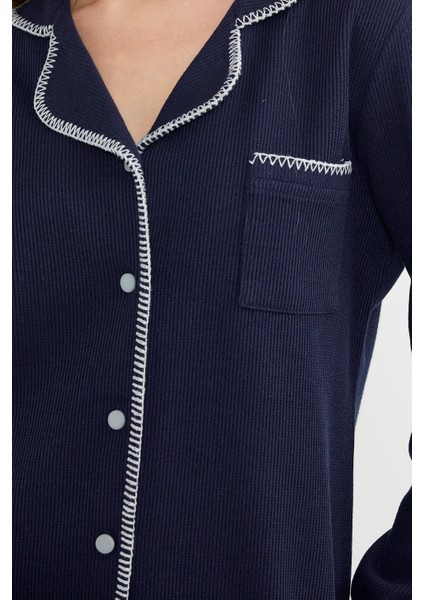 Düğmeli Gömlek Model Pijama Takım - Lacivert indirimleri