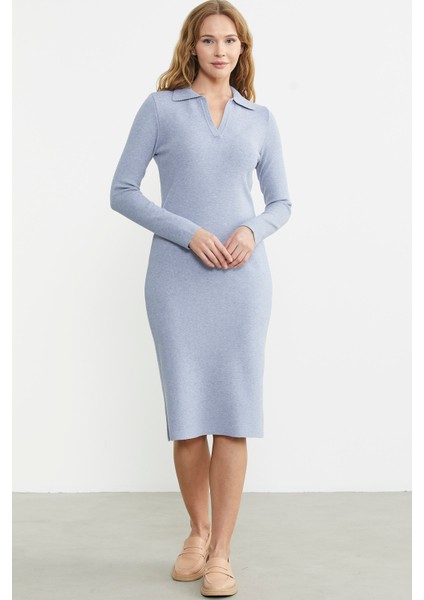 Patlı Polo Yaka Basic Triko Elbise - Mavi