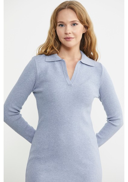 Patlı Polo Yaka Basic Triko Elbise - Mavi modelleri