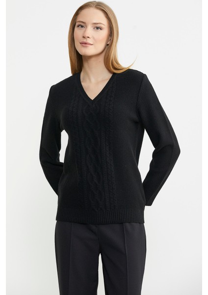 V Yaka Motifli Yünlü Triko Kazak - Siyah fiyatları