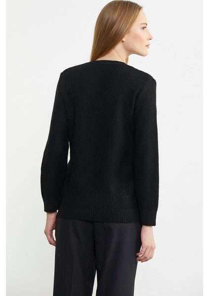 V Yaka Motifli Yünlü Triko Kazak - Siyah indirimleri