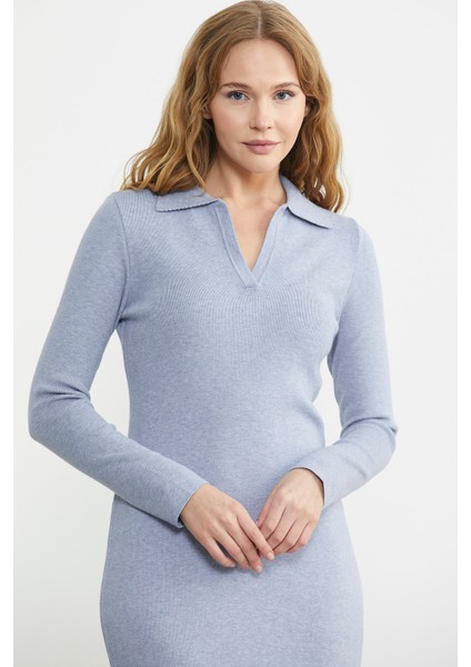 Patlı Polo Yaka Basic Triko Elbise - Mavi fırsatları