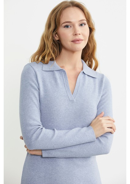 Patlı Polo Yaka Basic Triko Elbise - Mavi indirimleri