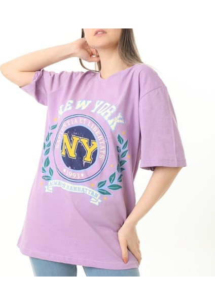 Mor Newyork Baskılı Oversize Tshirt