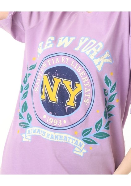 Mor Newyork Baskılı Oversize Tshirt