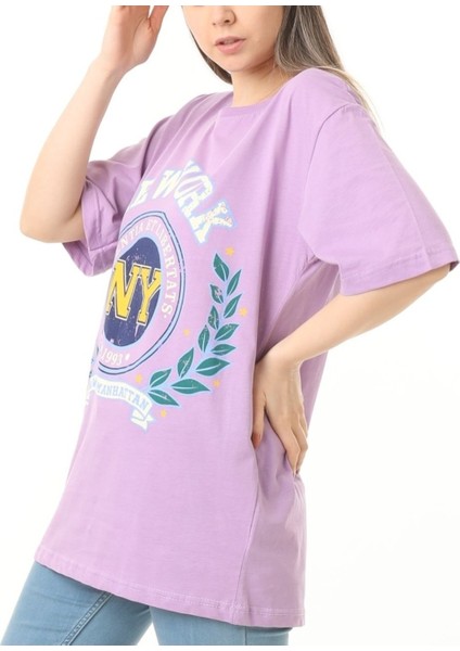 Mor Newyork Baskılı Oversize Tshirt