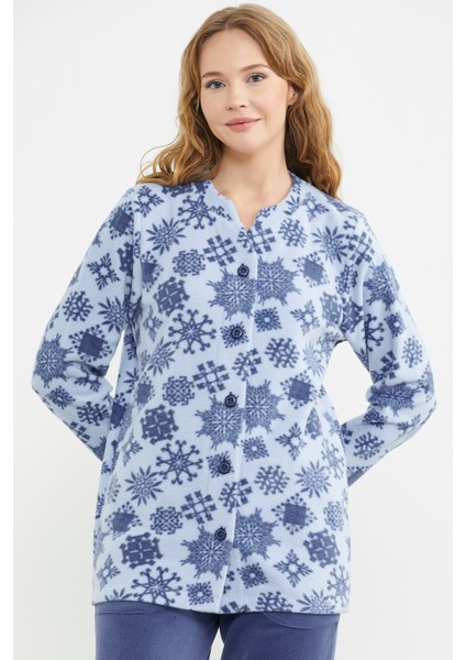Desenli Önden Düğmeli Polar Pijama Takım - Mavi