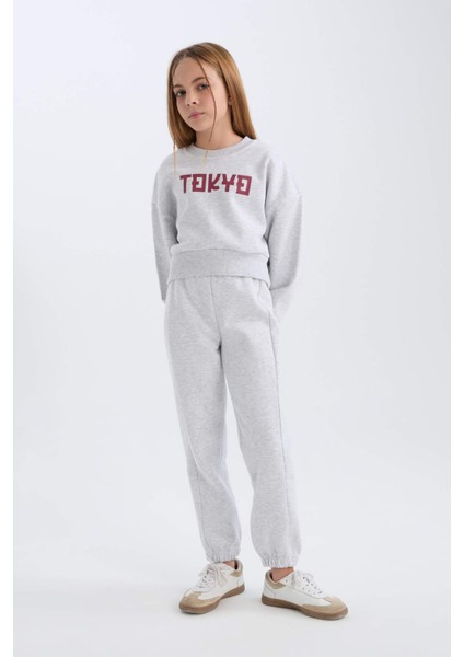 Kız Çocuk 2'li Takım Baskılı Sweatshirt Üst Beli Lastikli Jogger Eşofman Altı D4867A824WN