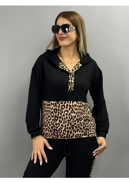 Kadın Uzun Kollu Leopar Detay Sweat ve Yanı Leopar Şerit Detay Pantolon Ikili Takım indirimleri