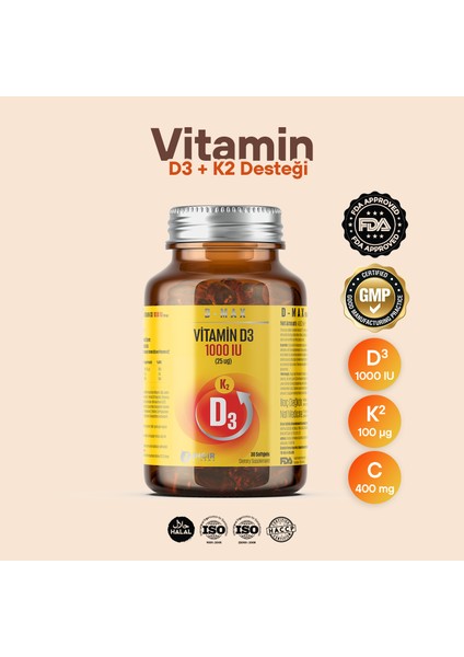 Vitamin D3K2 (VİTAMİN C) İçerikli Soft Jel Kapsül Yüksek Emilim Düzeyi Kompleks Formül