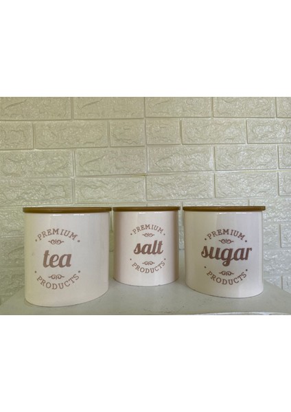 3'lü Vakumlu Kapaklı Porselen 1000 ml Tea/salt/sugar Çay Tuz Şeker Kavanoz Seti