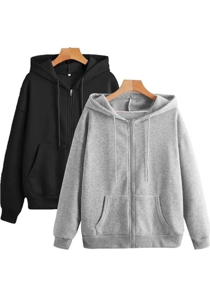 2'li Siyah ve Gri Renk Fermuarlı Mevsimlik Hırka / Sweatshirt
