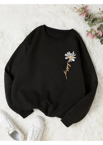 Çiçek Baskılı 2 Iplik Şardonlu Bisiklet Yaka Siyah Sweatshirt