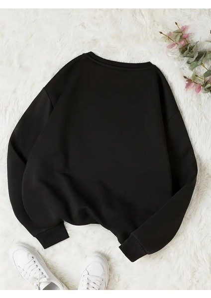 Çiçek Baskılı 2 Iplik Şardonlu Bisiklet Yaka Siyah Sweatshirt