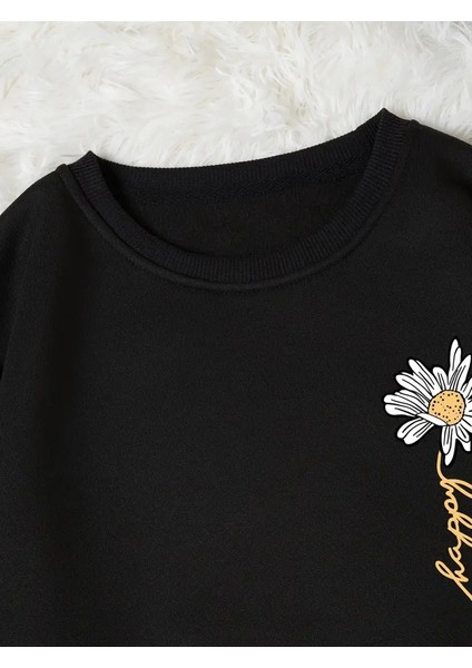 Çiçek Baskılı 2 Iplik Şardonlu Bisiklet Yaka Siyah Sweatshirt