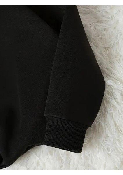 Çiçek Baskılı 2 Iplik Şardonlu Bisiklet Yaka Siyah Sweatshirt