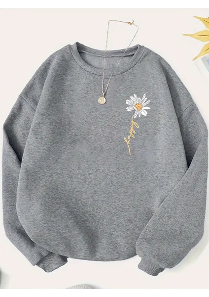 Çiçek Baskılı 2 Iplik Şardonlu Bisiklet Yaka Gri Sweatshirt