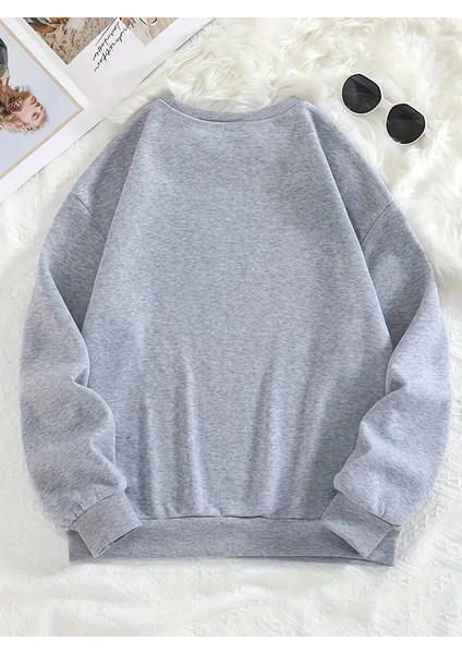 Çiçek Baskılı 2 Iplik Şardonlu Bisiklet Yaka Gri Sweatshirt