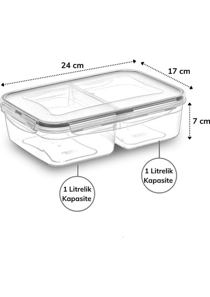 2 Bölmeli 1+1 Litre Kilitli Kapaklı Erzak Saklama Kabı LC-525 (4738)