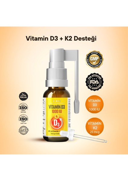 Plus Vitamin D3 + K2 1000 Iu (Damla Ve Sprey) Formunda