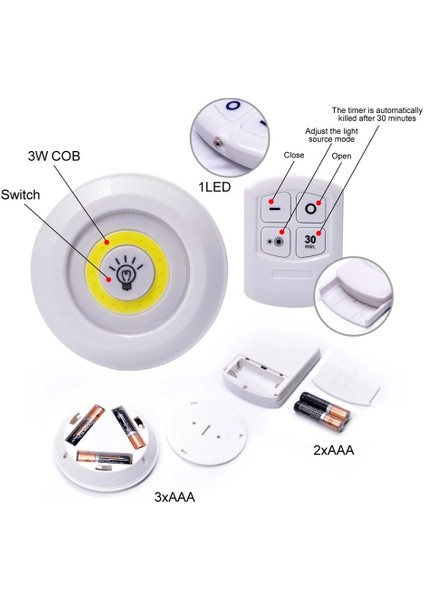 Uzaktan Kumandalı Yapışkanlı Kablosuz Pilli Led 3 Lü