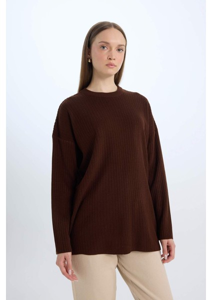 Relax Fit Bisiklet Yaka Basic Düz Triko Tunik Kazak E2938AX24WN