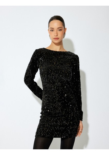 Yuvarlak Yaka Uzun Kollu Slim Fit Mini Pullu Payetli Kalem Elbise fiyatları