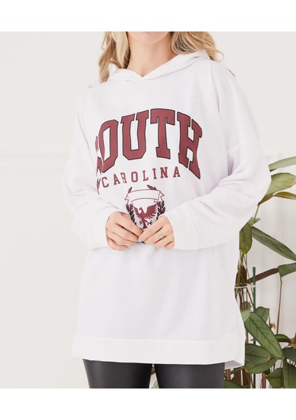 Kadın Sıfır Yaka Baskılı Oversize Sweatshirt