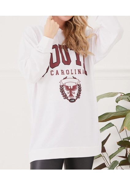 Kadın Sıfır Yaka Baskılı Oversize Sweatshirt fırsatları