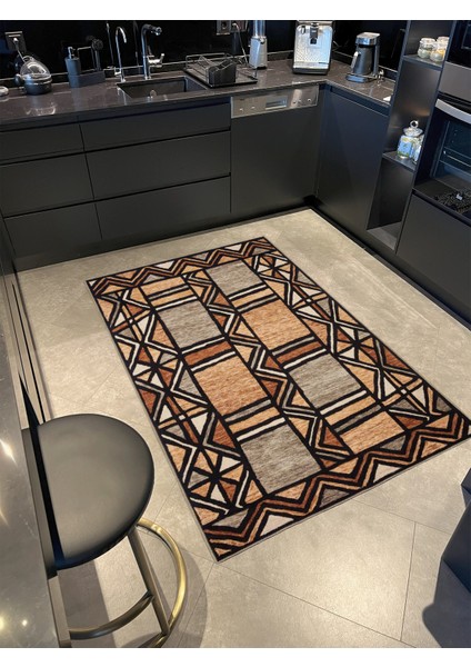 Kahverengi Renkli Pastel Boyalı Geometrik Desenli Dokuma Taban Halı MIRAVIP383