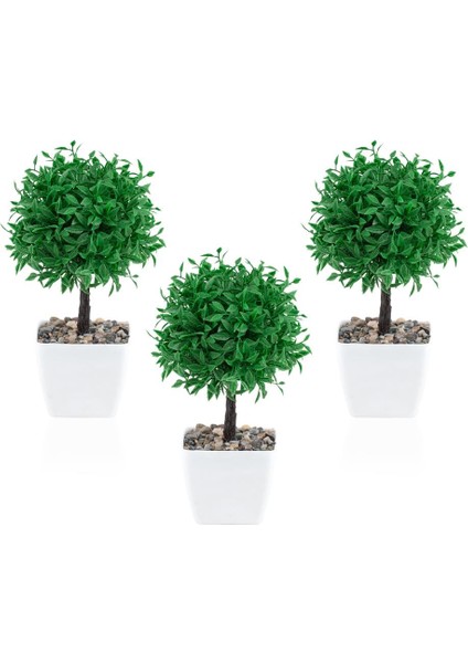 3’lü Set Beyaz Mini Plastik Saksıda Taşlı Yapay Top Yeşillik