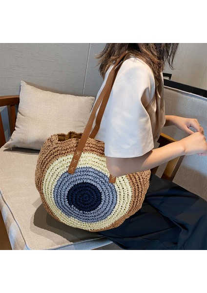 Yuvarlak Hasır Çanta Kadın Yaz Rattan Çanta El Yapımı Dokuma Plaj Vücut Daire Çanta Kahverengi (Yurt Dışından) fiyatları