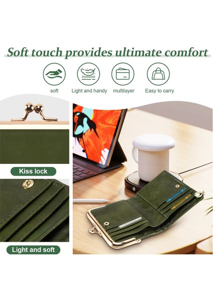Kadın Kısa Cüzdan Çift Katlı Retro Çok Fonksiyonlu Bozuk Para Çantası Fermuarlı ve Kiss Kilitli Yeşil (Yurt Dışından) fırsatları