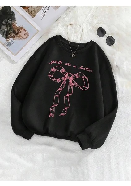 Ribbon Baskılı Siyah Oversize Bisiklet Yaka Sweatshirt